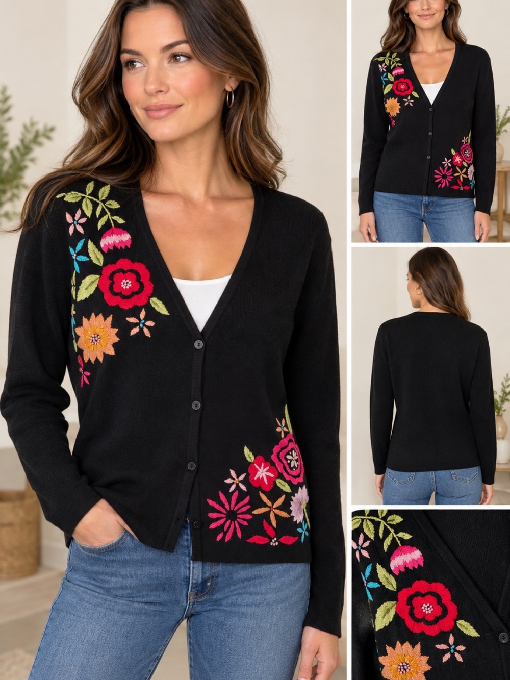 Michelle Nicole Women’s L Black Floral 
Embroidered Cardigan Sweater Button Boho